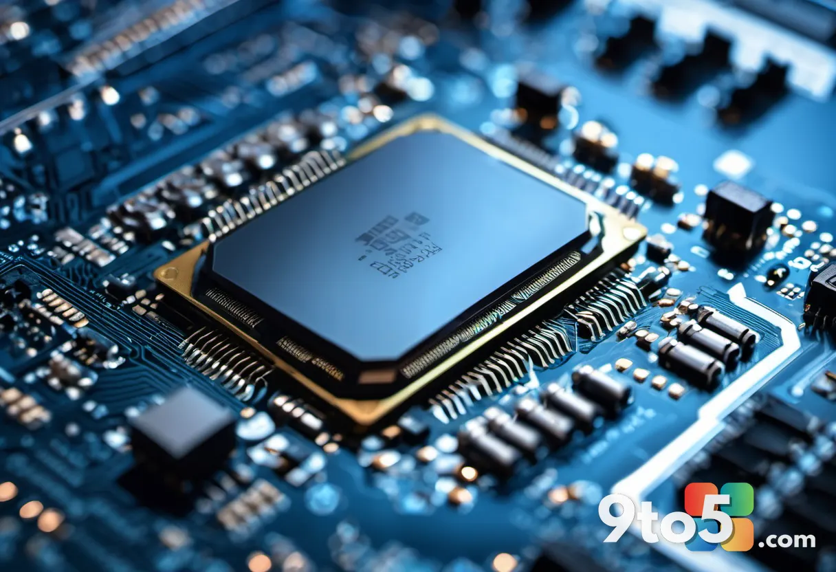 A close-up of a computer CPU processor chip mounted on a motherboard, shallow depth of field, cool blue backlighting, me
