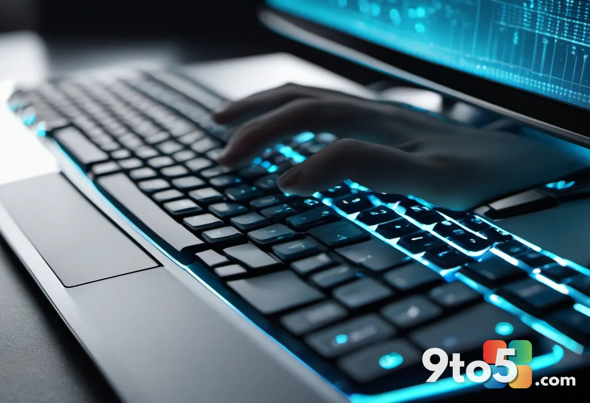 A close-up of fingers typing on a backlit keyboard, soft bokeh of a monitor in the background showing blue UI panels, sh