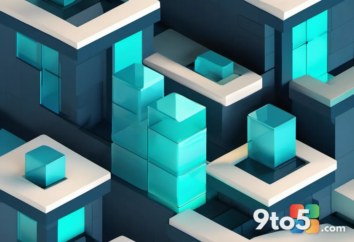An abstract digital illustration of layered building blocks ascending in gradient blues and teals, representing software