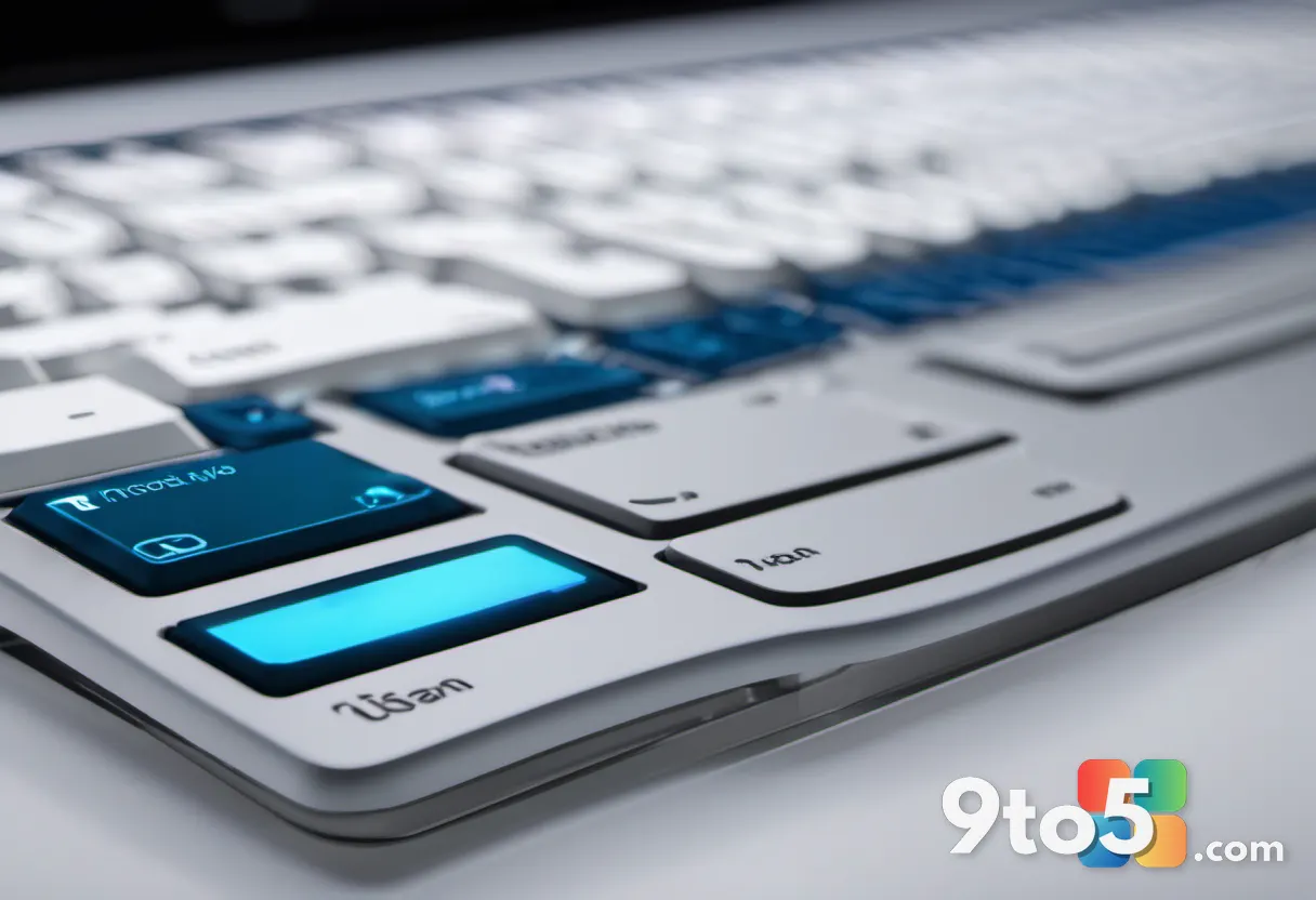 A close-up of a keyboard with a single highlighted Windows key glowing blue, shallow depth of field, dark modern desk se