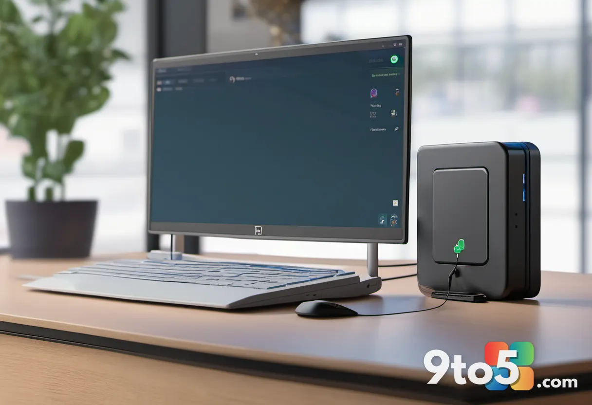 An illustration of an external SSD drive connected by a cable with a resilient file-system shield emblem hovering above 