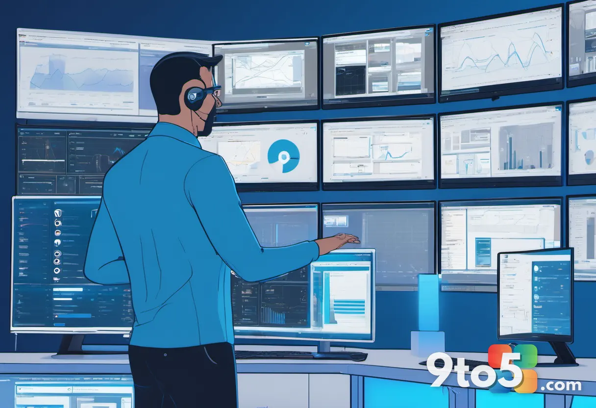A cybersecurity analyst viewing a dashboard of interconnected devices and systems on multiple monitors, cool blue office