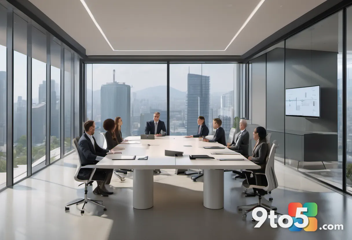 Corporate executives around a boardroom conference table in discussion, documents and screens visible, professional sett