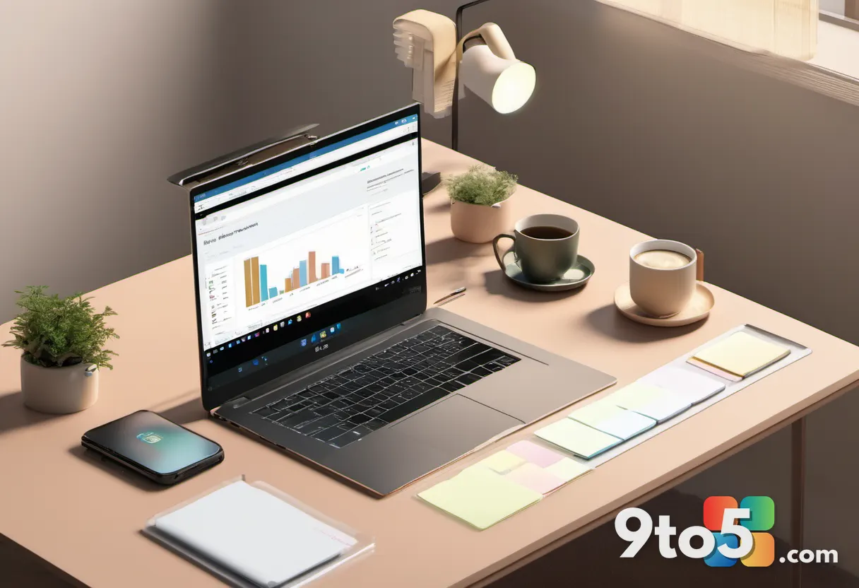 A top-down photo of a modern office desk with a laptop showing a collaborative document, a coffee cup, and sticky notes,