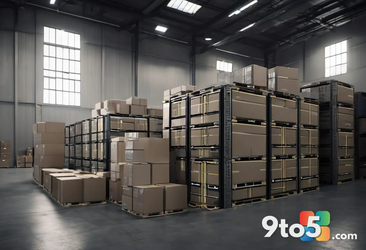 Rows of sealed laptop boxes stacked high in a dimly lit warehouse, a forklift blurred in the background, dusty atmospher