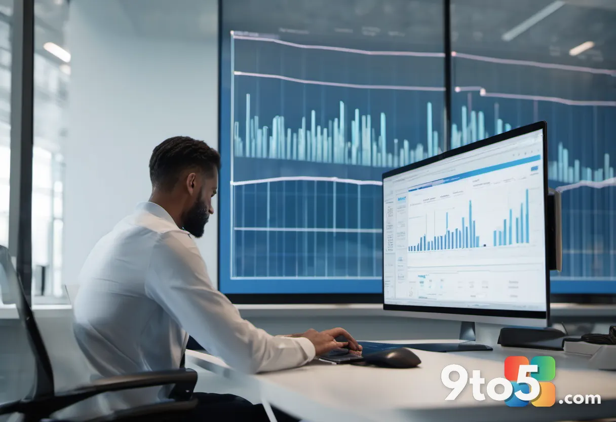 A business professional reviewing a downward-trending sales chart on a laptop screen in a modern office, concerned expre