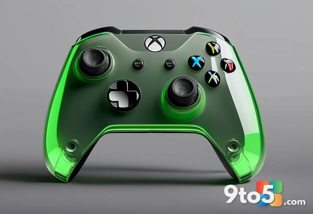 Rear view of a translucent green Xbox controller showing a clear back panel with a classic XBOX logo, black Xbox button 