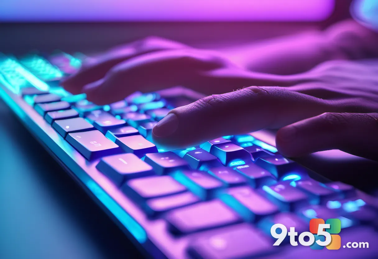 A close-up side angle of fingers pressing keys on a modern backlit keyboard, shallow depth of field, soft blue and purpl