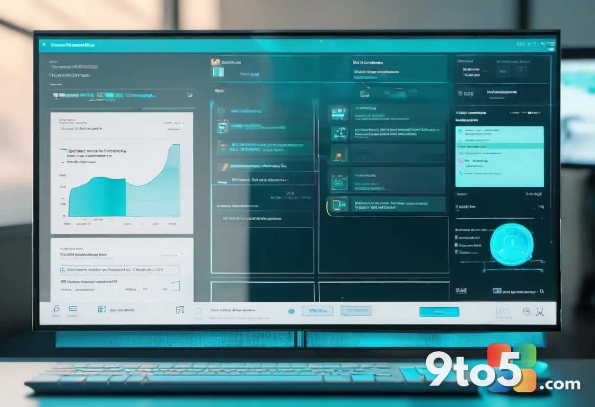 A translucent holographic Copilot assistant glowing between an Office Word document and a LinkedIn feed, blue and teal t