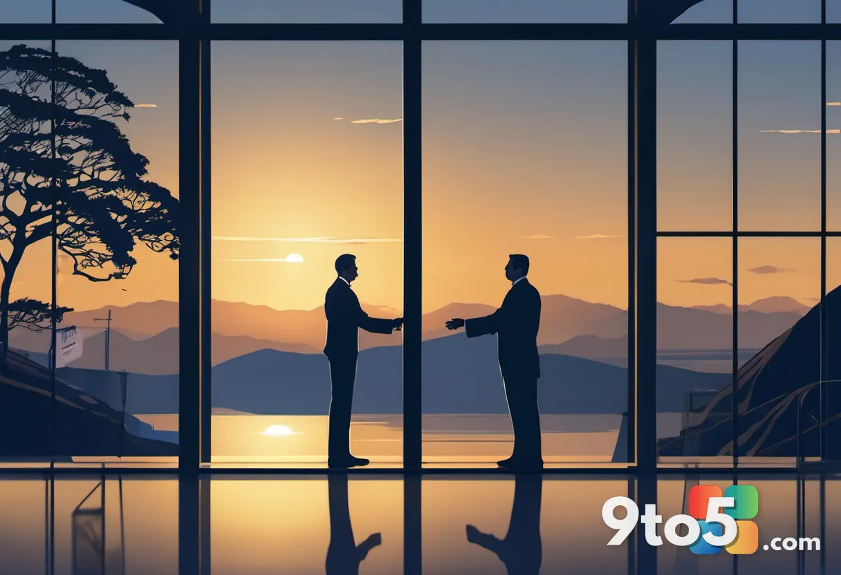 Two silhouetted professionals shaking hands against a sunrise over bay-bridge hills, warm gold and deep blue colors, hop
