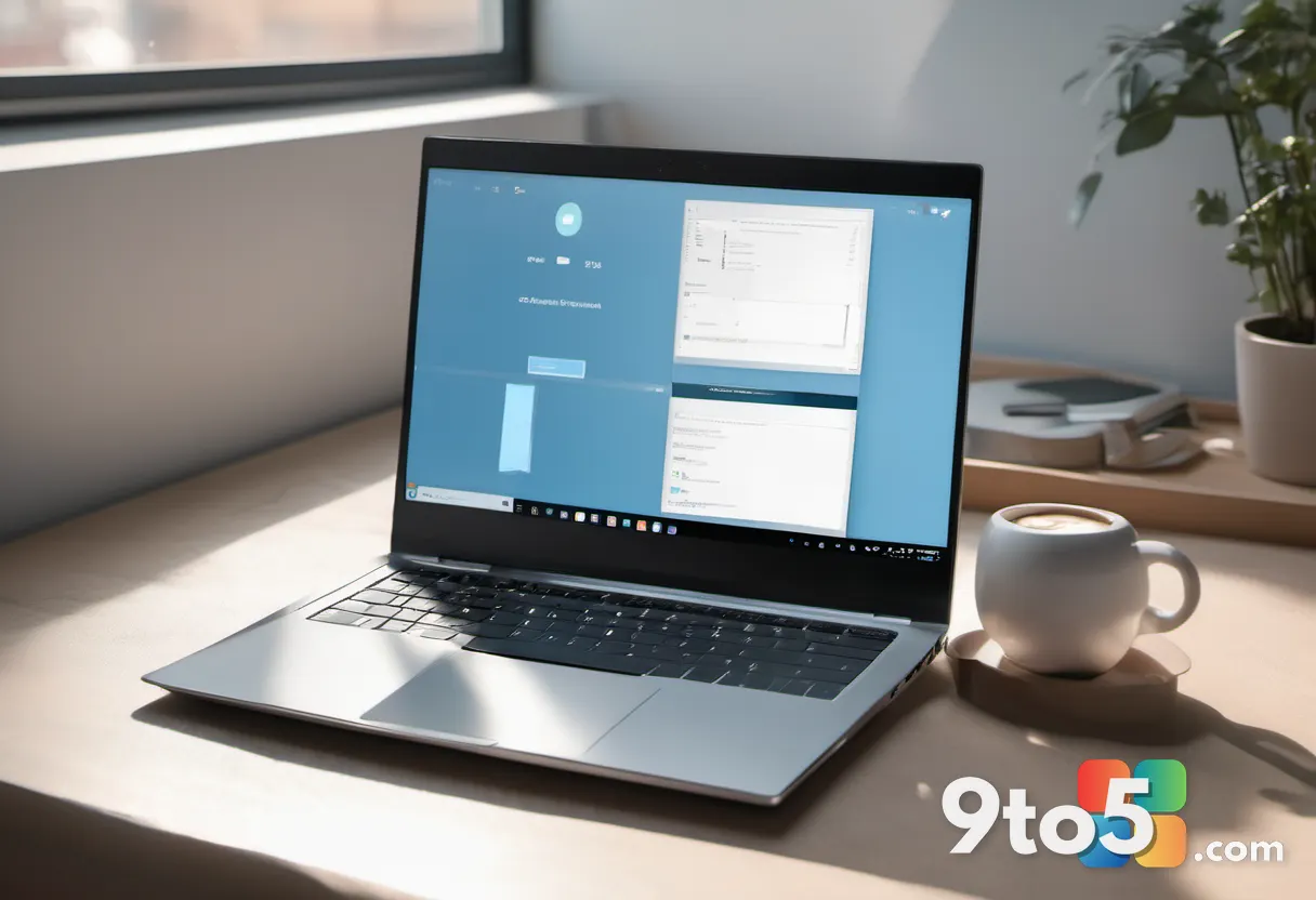 A minimalist flat-lay of a laptop beside a steaming coffee cup and a notepad with a hand-drawn checkmark, soft morning s