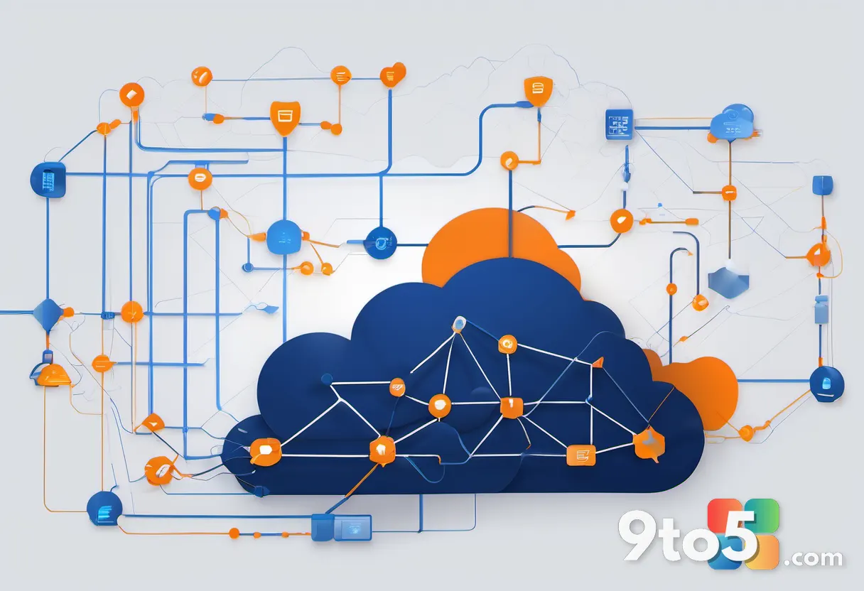 An abstract illustration of connected nodes and data streams flowing between cloud icons and application symbols, repres