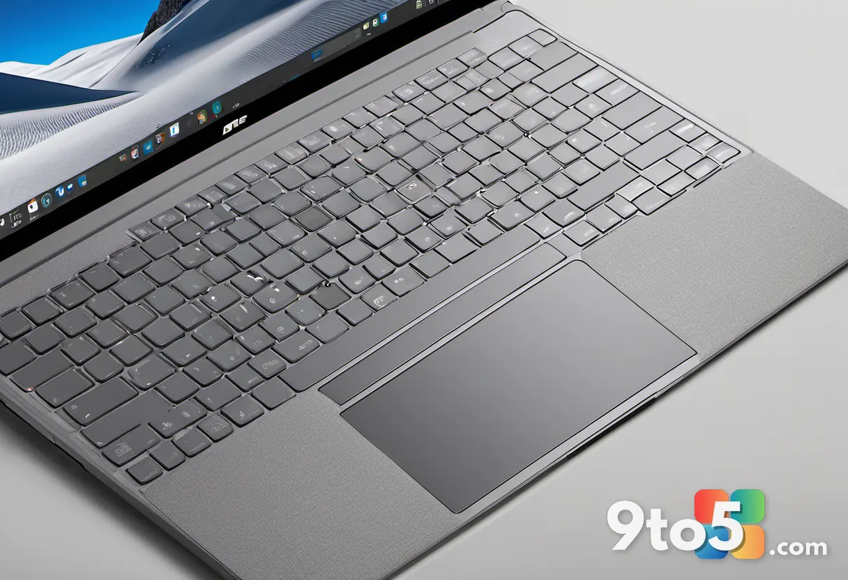 A close-up of the Surface Laptop Ultra's slim aluminum chassis and keyboard, soft focus background, professional product