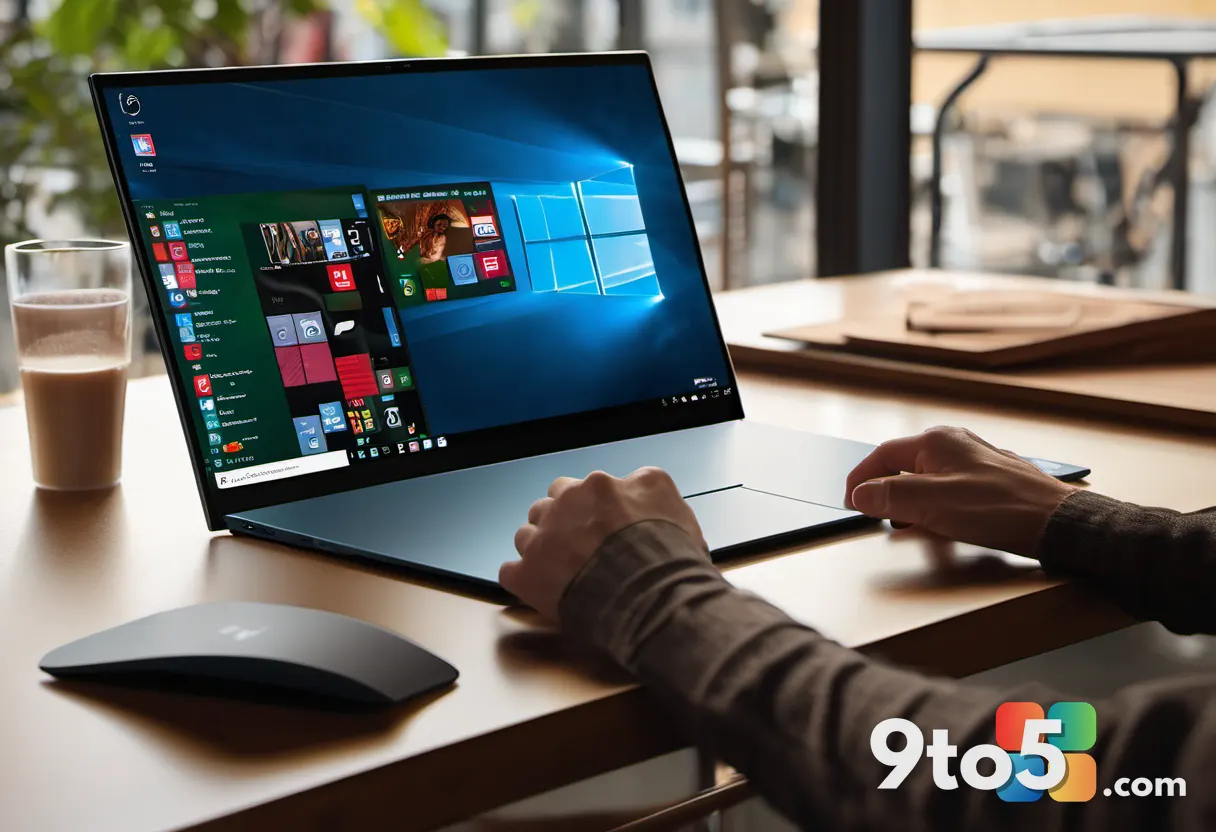 A person working on the Surface Laptop Ultra in a bright modern café, AI interface glowing on screen, lifestyle photogra
