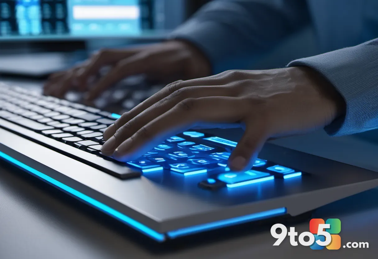 A close-up of hands typing on a keyboard with a glowing computer screen showing a Windows installation progress bar, a d