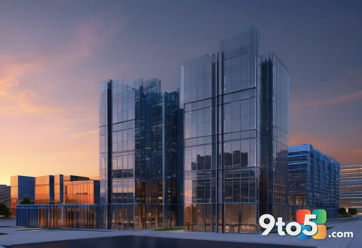 A row of glass-and-steel corporate office towers at dusk, symbolizing major technology companies affected by the immigra