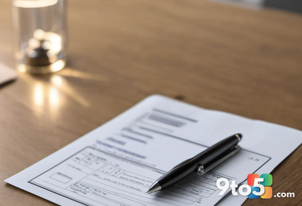 A close-up of a stamped visa document and a pen on a wooden desk, warm office lighting, shallow depth of field, document