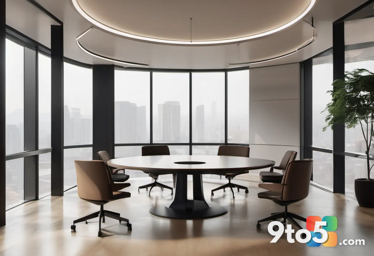A round conference table with six empty chairs around a signed document, soft office lighting, professional editorial ph