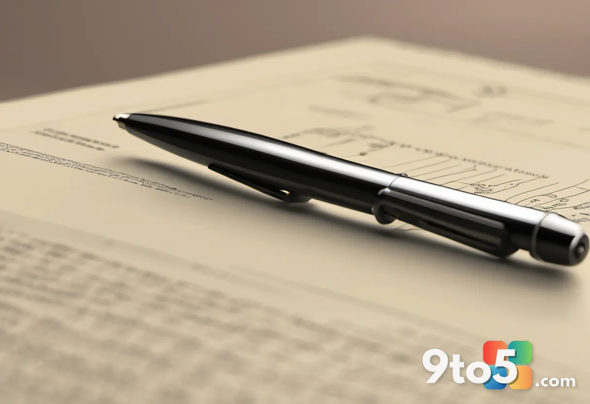 A close-up of a pen resting on a signed government document with an embossed seal, shallow depth of field, professional 