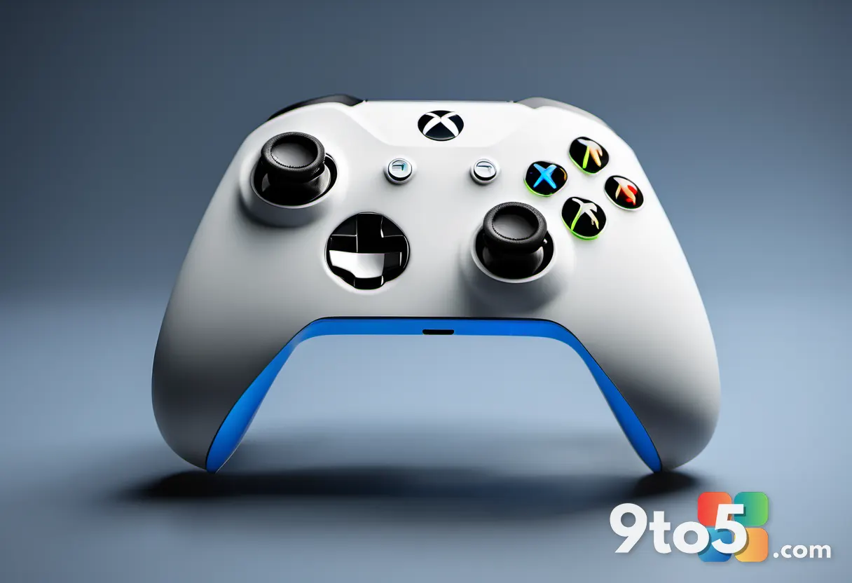 A close-up of a white Xbox console controller resting on a dark surface, soft blue backlight glow, shallow depth of fiel