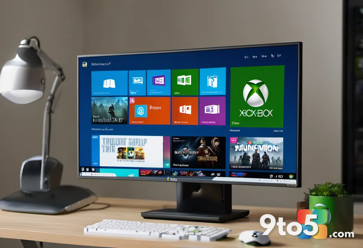 A Windows PC monitor displaying the Xbox app store with a row of Ubisoft game box art, a modern office desk, natural day