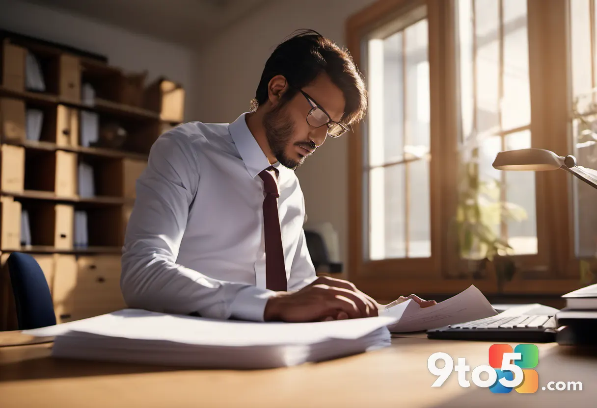 A frustrated office worker reviewing a stack of documents at a wooden desk, warm office lighting, shallow depth of field