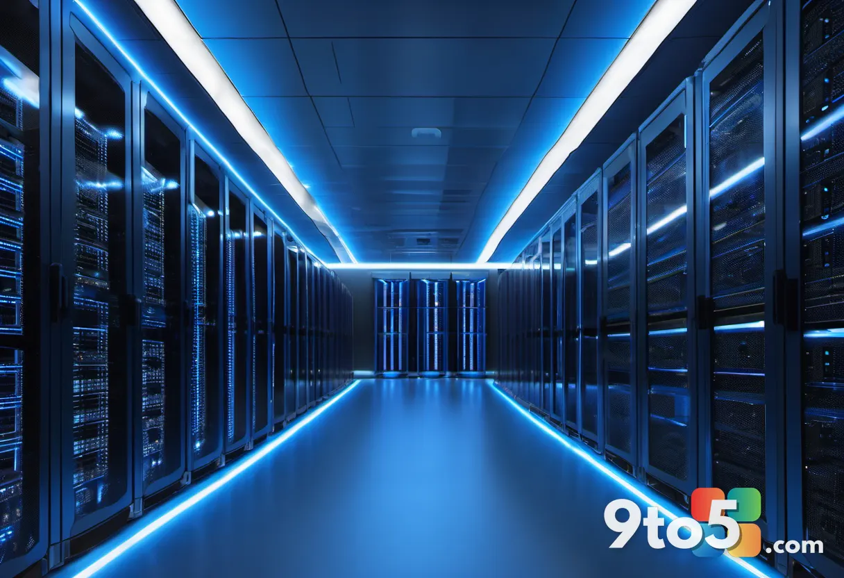 Rows of server racks in a modern data center with cool blue LED lighting, clean and futuristic, shallow depth of field, 