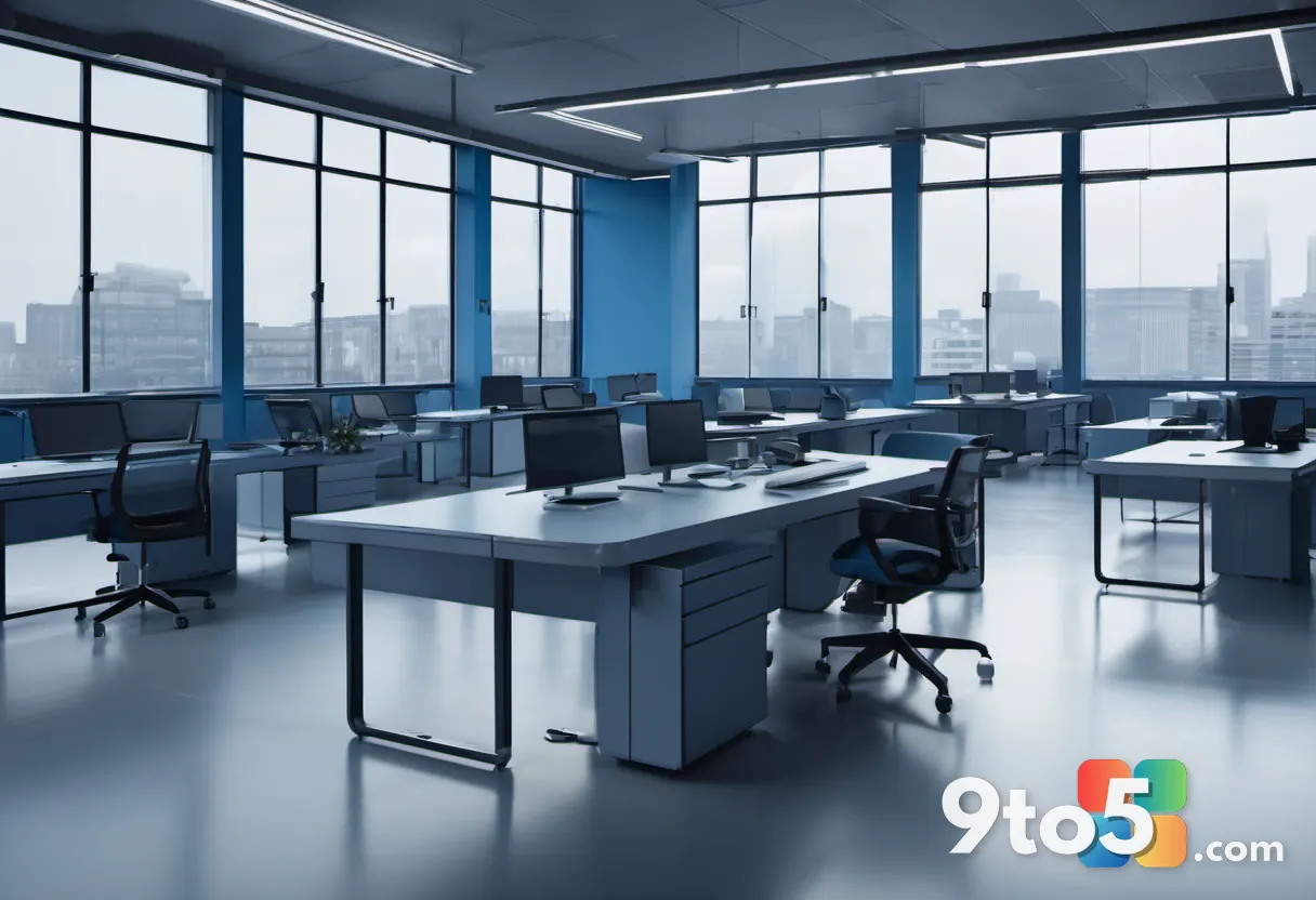 Rows of empty, darkened office desks with chairs pushed in, evoking post-layoff emptiness, cool blue lighting, editorial