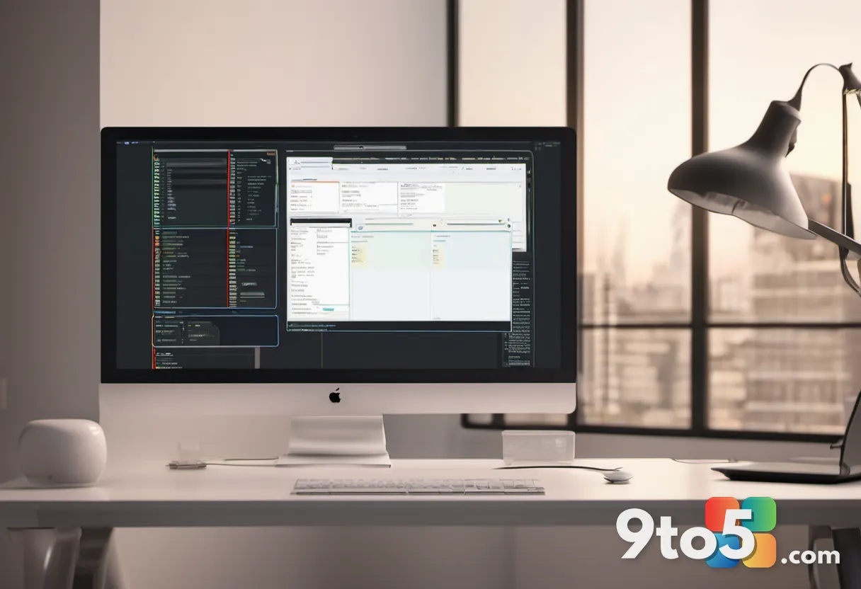 A developer's tidy workspace showing multiple code editor tabs arranged in a grid layout across a wide monitor, warm amb