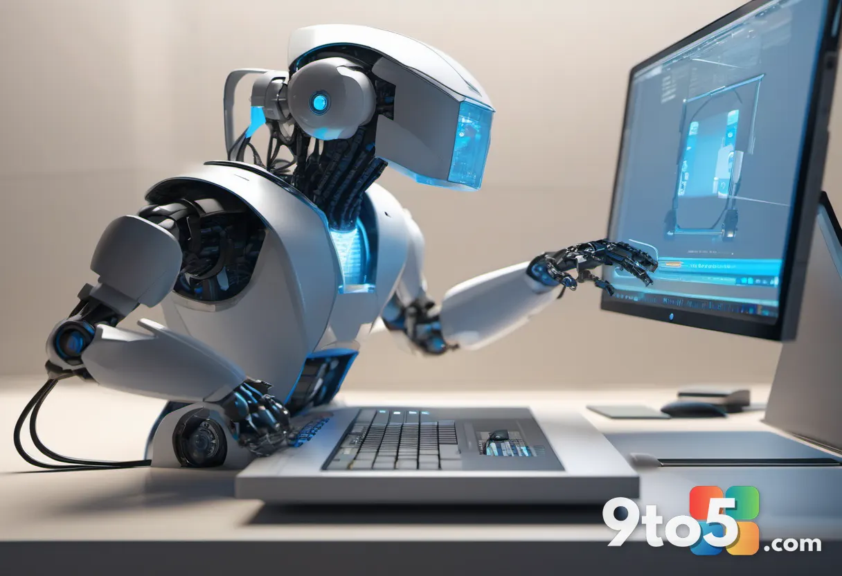 A split-screen concept image of a friendly robot assistant inside a protective glass sandbox, with subtle Windows, macOS