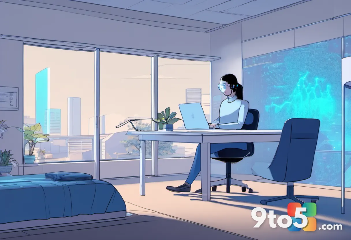A person using a laptop in a modern home office, with a translucent holographic AI assistant figure hovering above the s