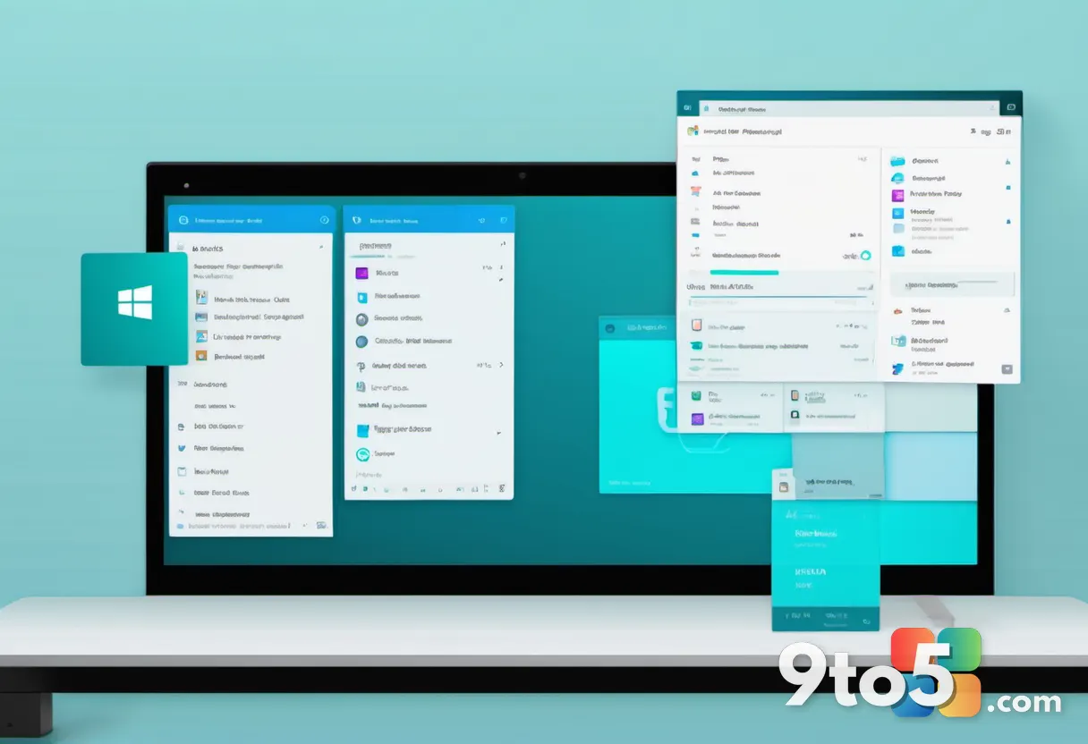 A minimalist illustration of the Windows 11 Search panel open over a blurred desktop, soft blue and teal lighting, moder