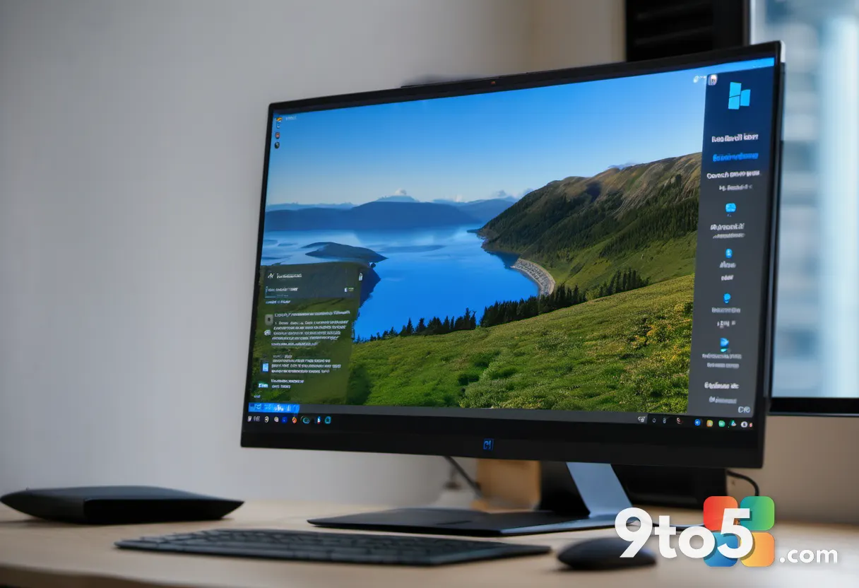 A close-up of a computer monitor displaying a Windows 11 Settings update screen with a blue progress bar, soft glow, sha