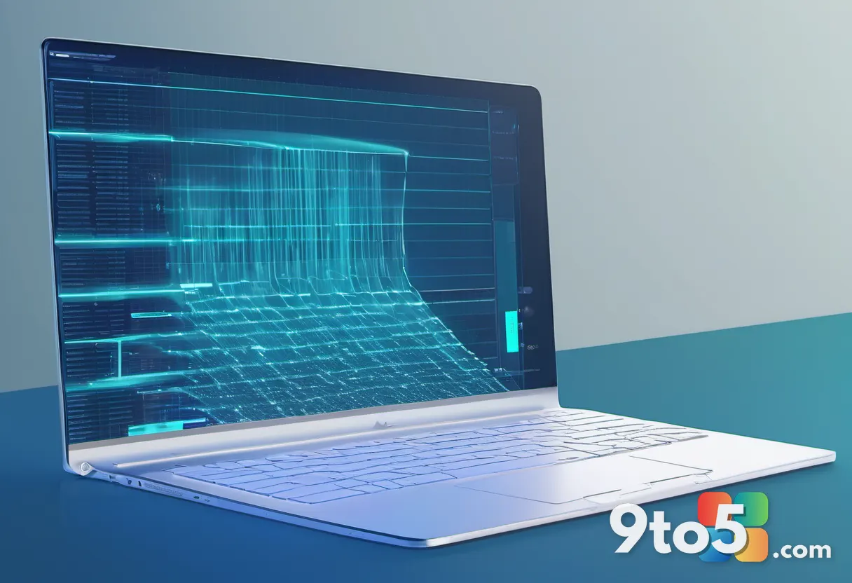 An abstract illustration of a software update in progress, glowing teal data streams flowing into a Windows 11-style til