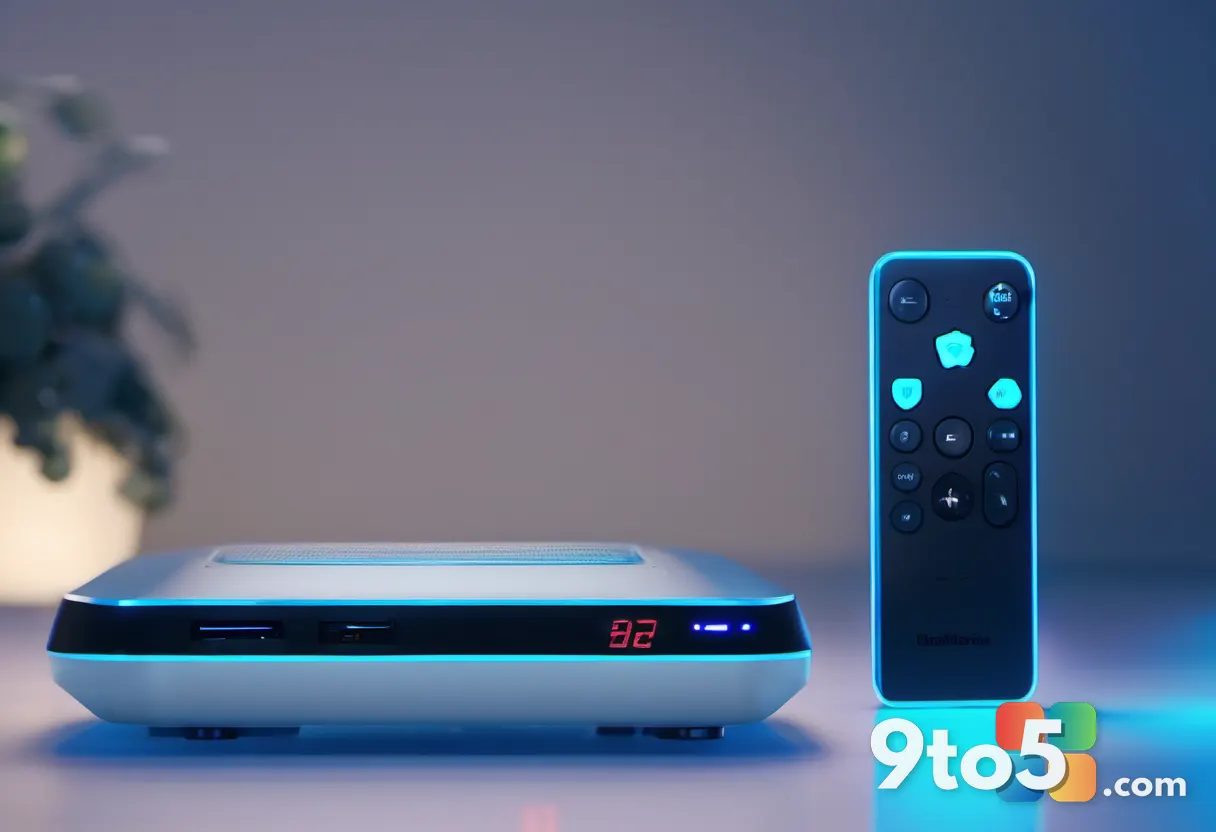 A close-up of a modern game controller and a media player window on a desk, bathed in cool blue light, with a faint warn