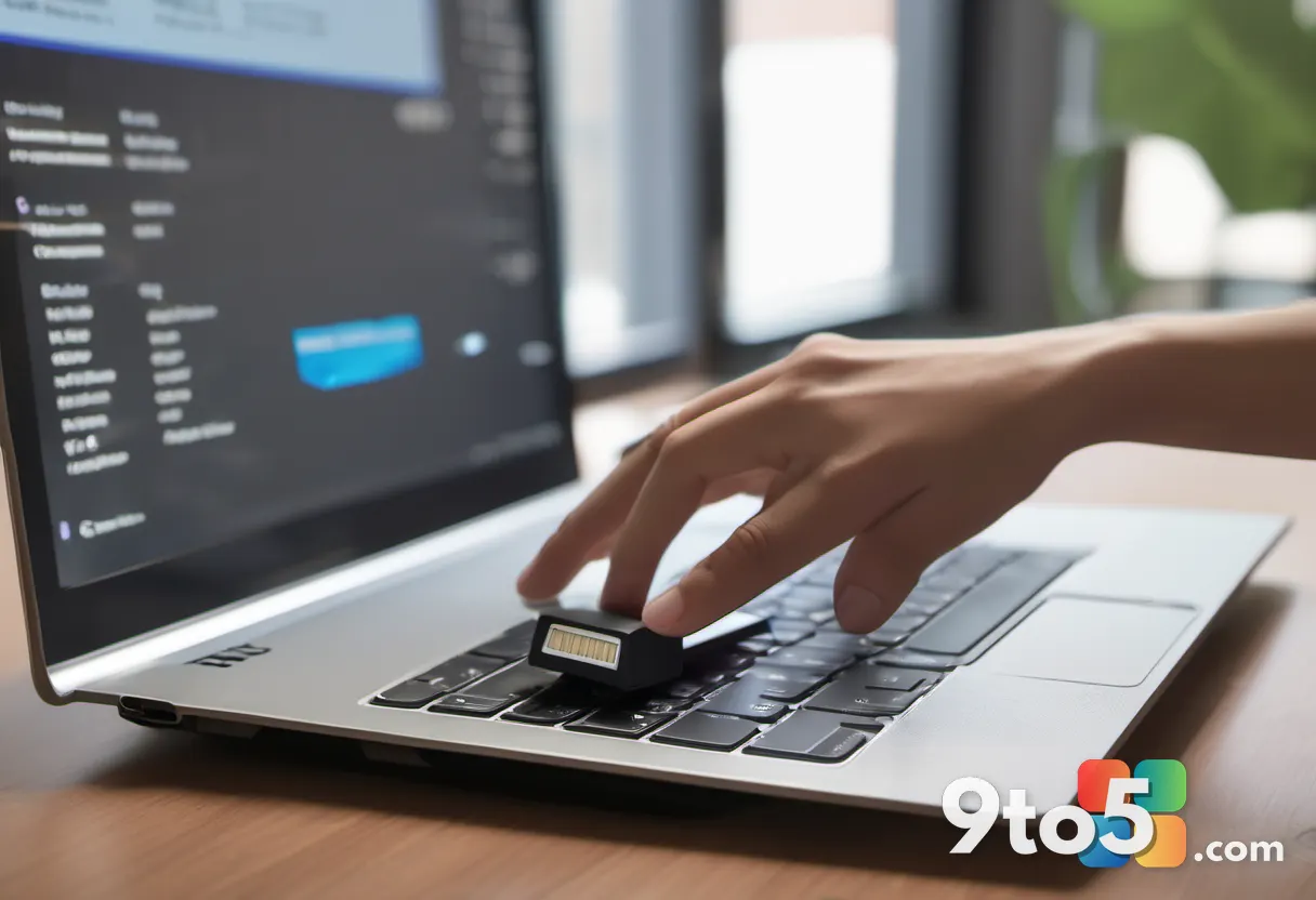 Close-up of hands plugging a USB flash drive into a laptop port, soft bokeh office background, warm natural lighting, sh