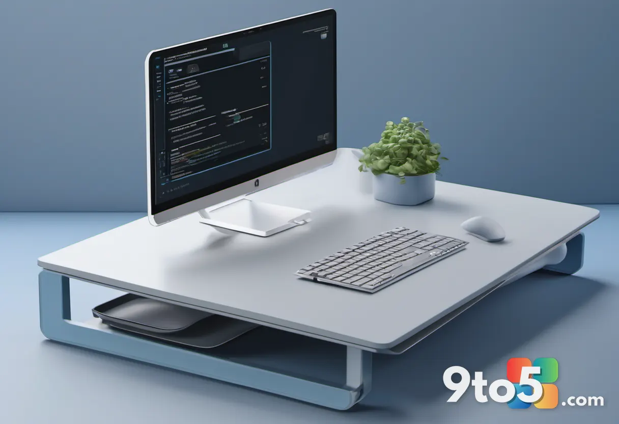A stylized 3D folder icon split into three labeled sections on a neutral desk, minimalist design, soft lighting, blue an