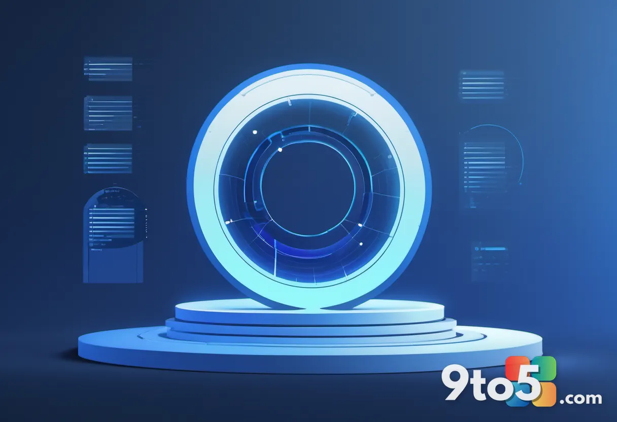 An abstract illustration of a circular progress ring downloading, rendered in Windows-style blue tones, with small data 