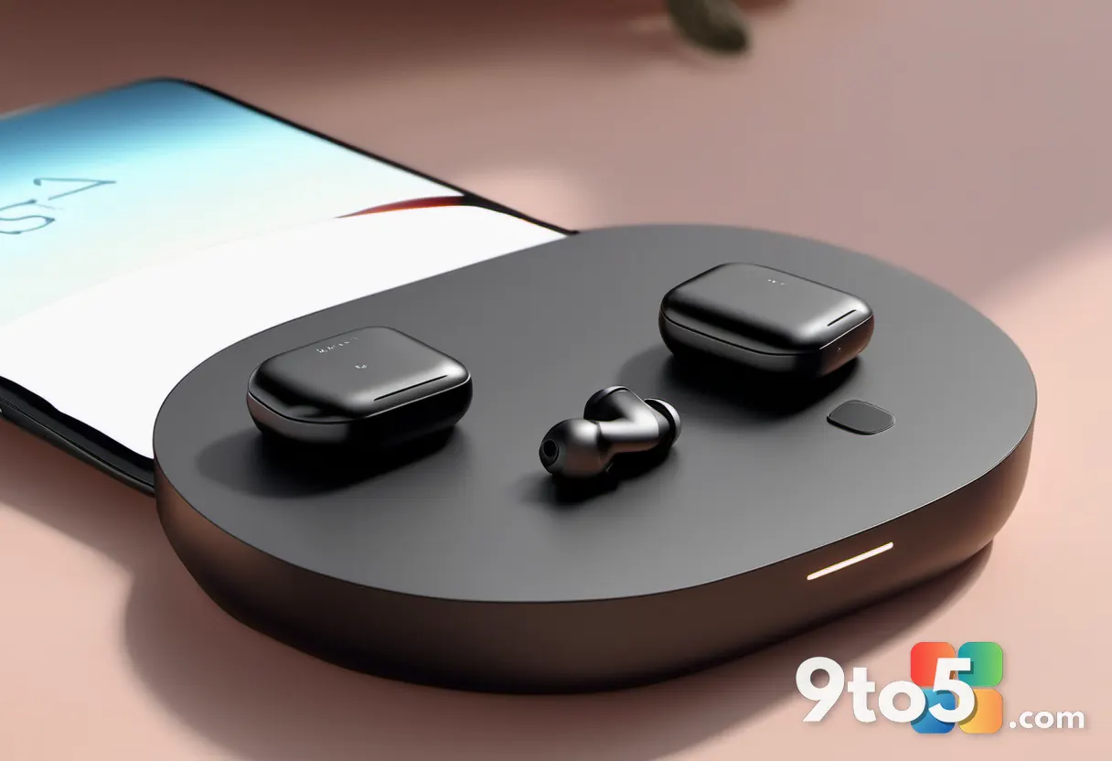 Close-up of a hand picking up wireless earbuds from an open charging case, soft natural lighting, minimalist desk backgr