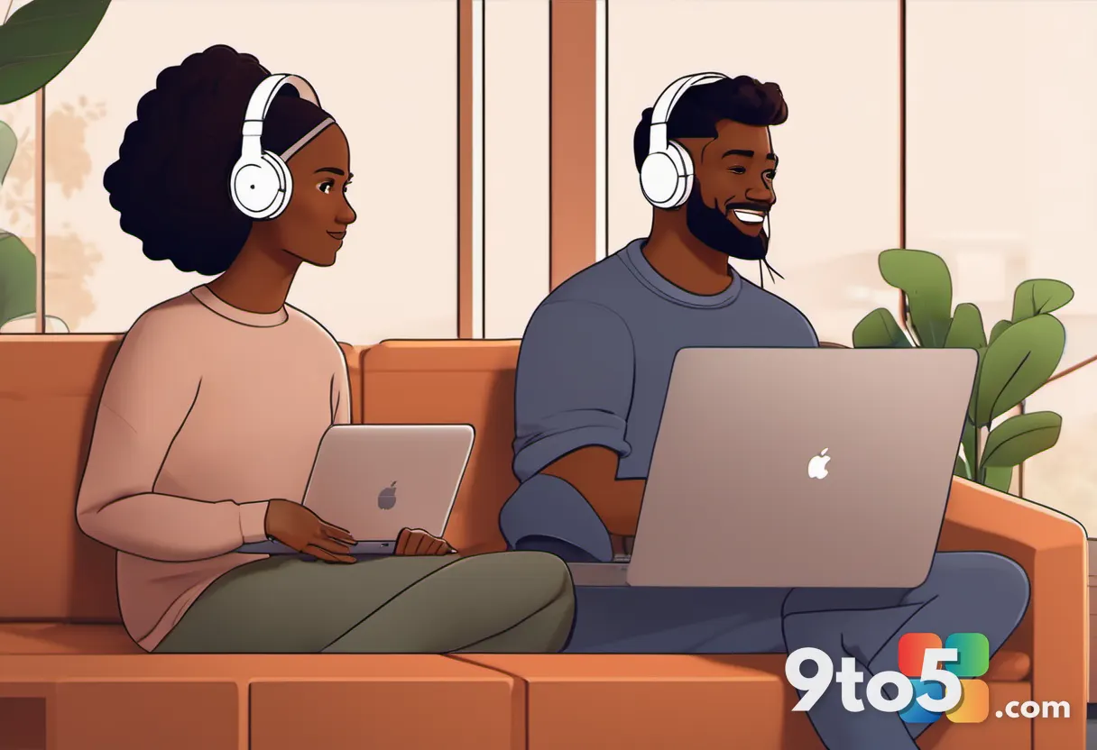 Two people sitting on a couch each wearing wireless headphones, sharing audio from a single laptop, cozy living room, wa