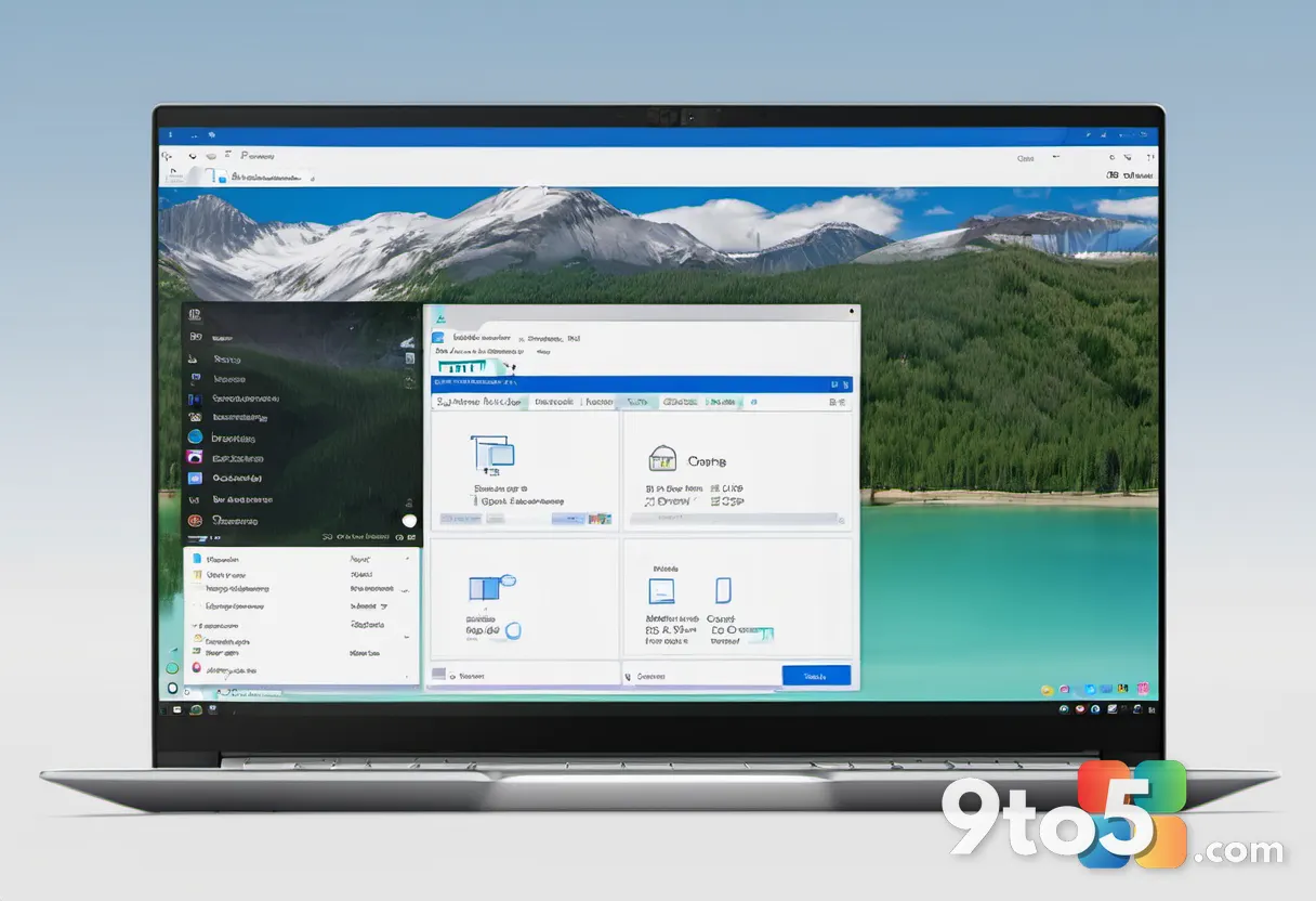 A laptop showing the Windows Settings About screen with a highlighted build number, clean office desk, soft daylight, pr