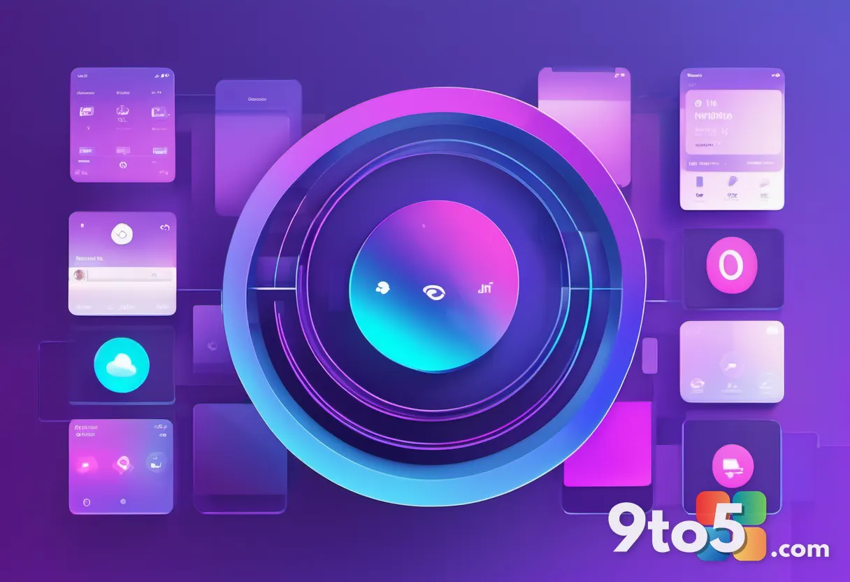 A geometric flat-design graphic of overlapping app icons circling a shared camera symbol, blue and purple gradient, clea