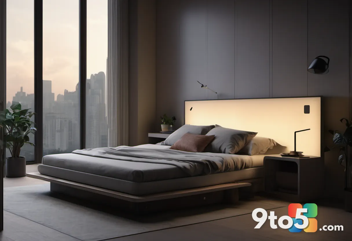 A dimly lit bedroom scene with a laptop on a desk, its screen glowing as a Windows Hello face-recognition circle frames 