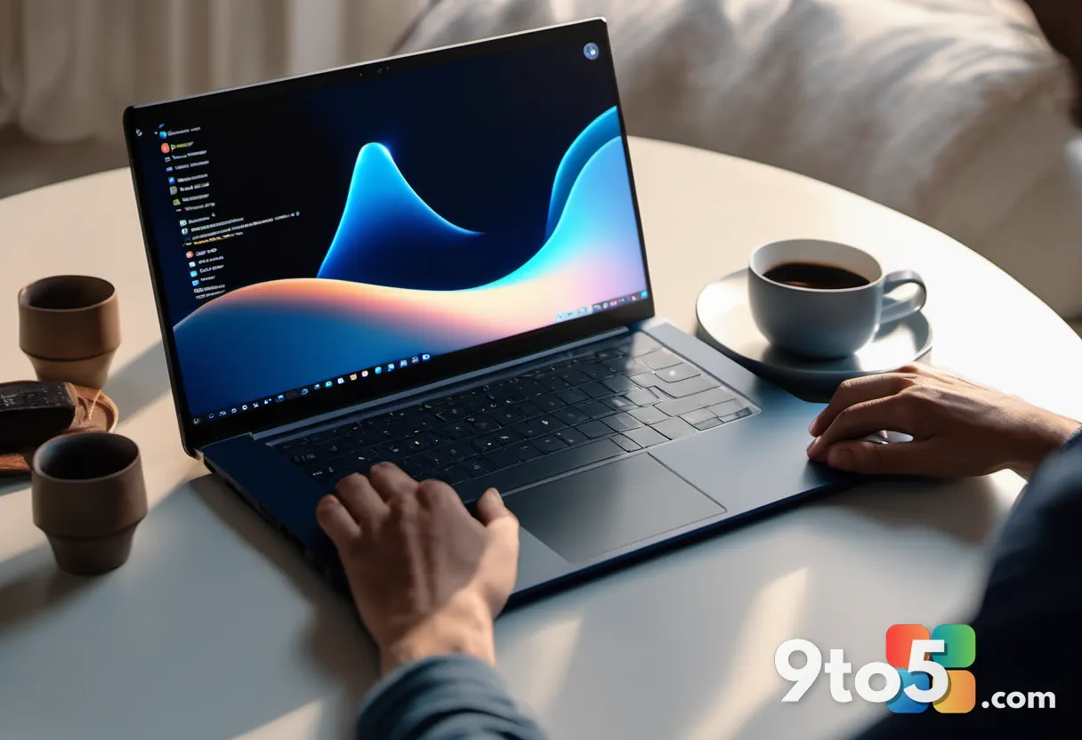 A person lifting the lid of a laptop at a coffee table, screen lighting up instantly, warm natural morning light. Photog