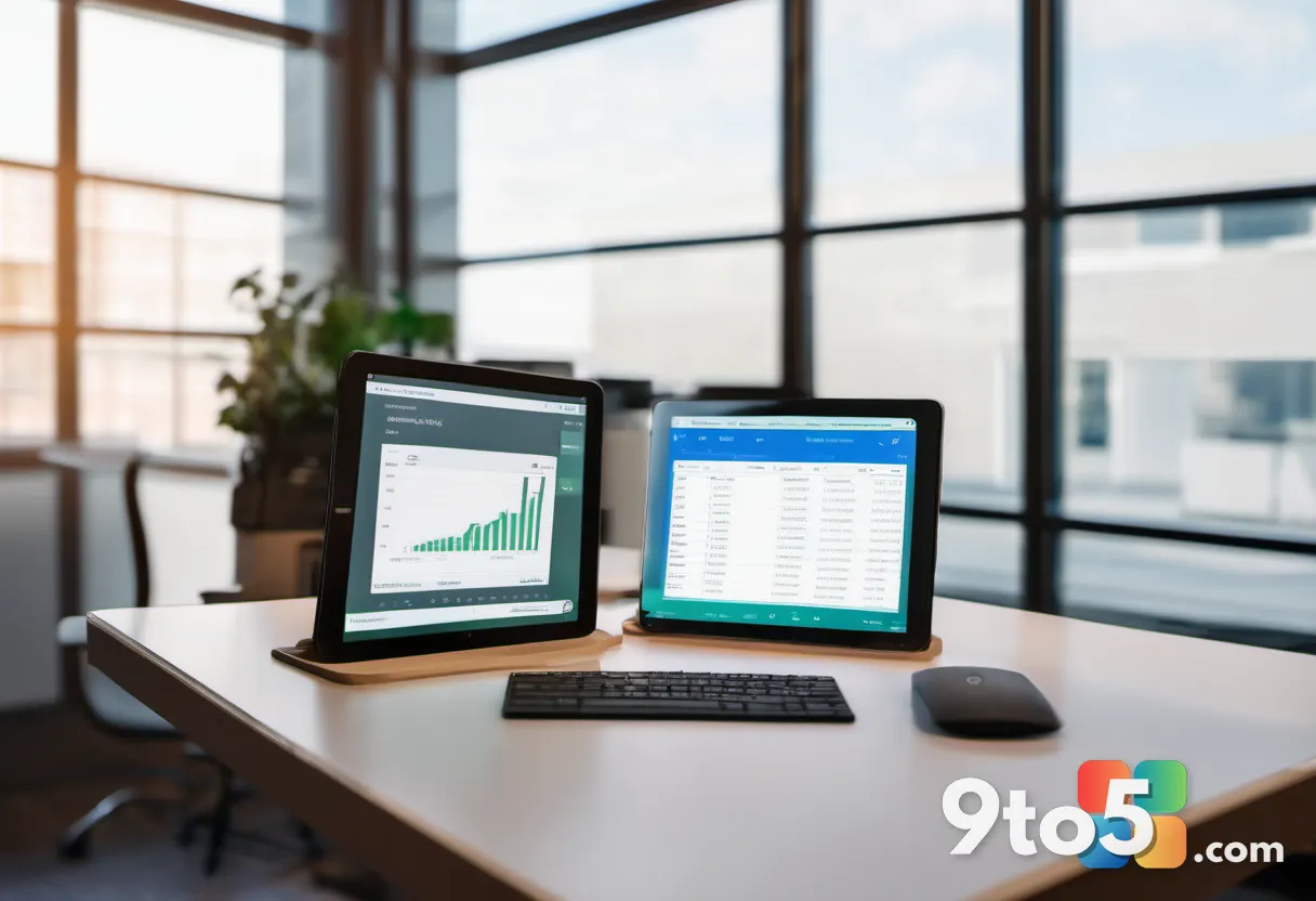 A business IT manager reviewing a spreadsheet of per-device licensing costs on a tablet, office background slightly blur