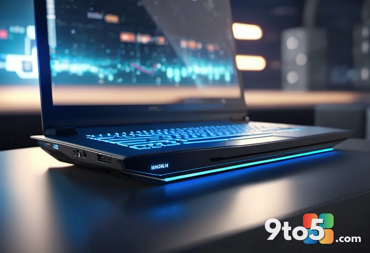 A close-up of a modern laptop's internal AI chip glowing with blue light, representing the NPU in a Copilot+ PC, with a 