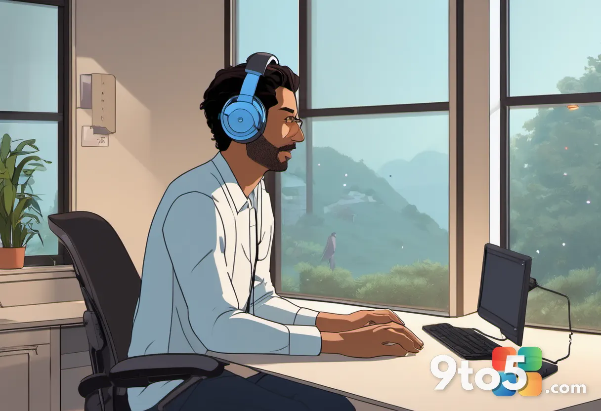 A person wearing headphones using a Windows accessibility screen reader interface, viewed from the side in a warmly lit 