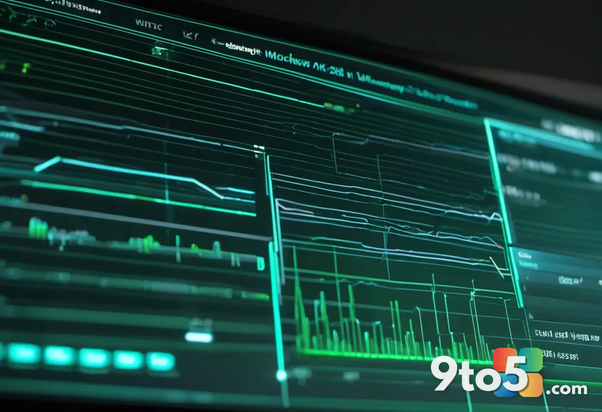 Close-up of a dark terminal screen showing scrolling lines of system monitoring data in soft green and cyan text, subtle