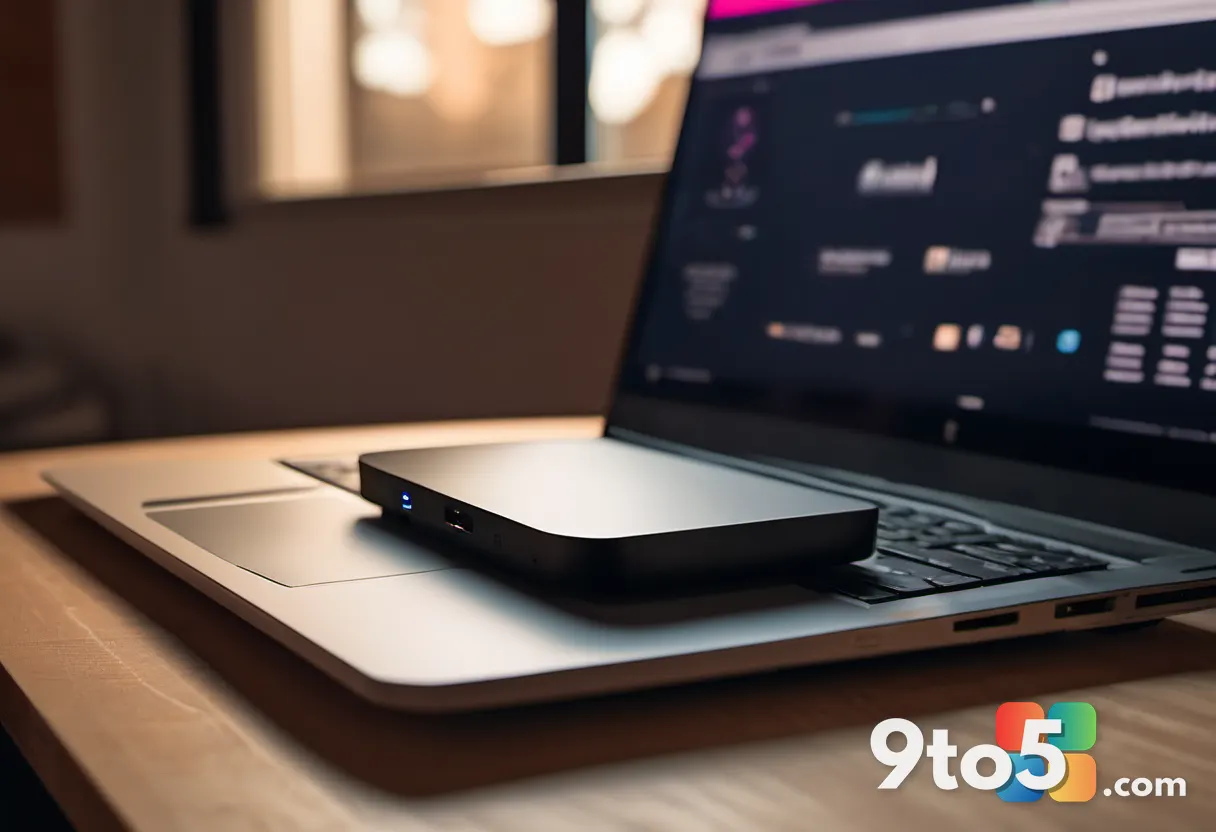 A Wi-Fi router glowing softly beside a laptop on a wooden desk, warm ambient lighting, shallow depth of field, lifestyle