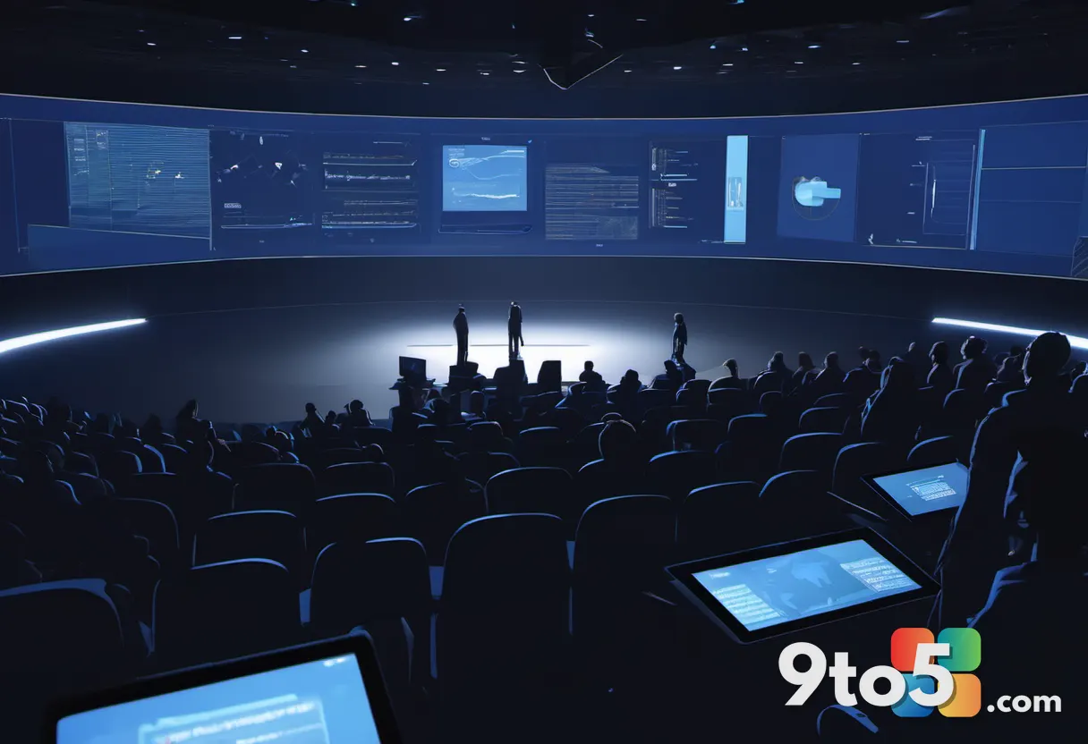 A crowd of silhouetted users looking up at a large presentation screen in a dark auditorium, blue stage lighting, a sens